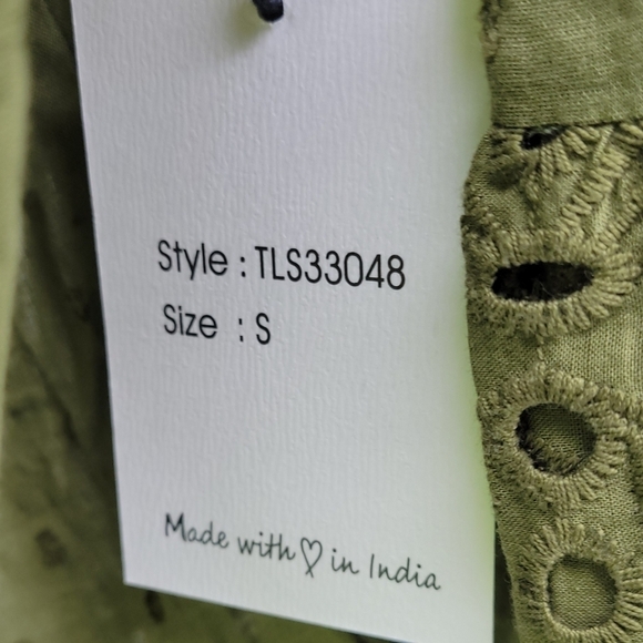 Japna Olive Green Front Tie Eyelet Balloon Sleeve Top Women’s Size Small - Picture 5 of 6
